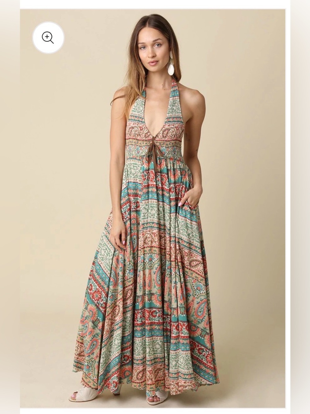 Olivaceous Backless Halter Maxi Dress in Teal & Coral